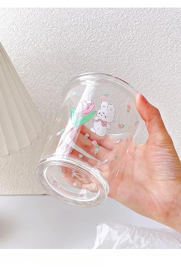 Ivymei Set of 2 12 OZ Floral Drinking Glasses Crystal Glass Flower Coffee Cups Cute Rabbit Glass Cups for Juice, Iced Tea, Coffee, Latte, Milk, Dessert, Stackable Glassware Drinkware Set (Purple)