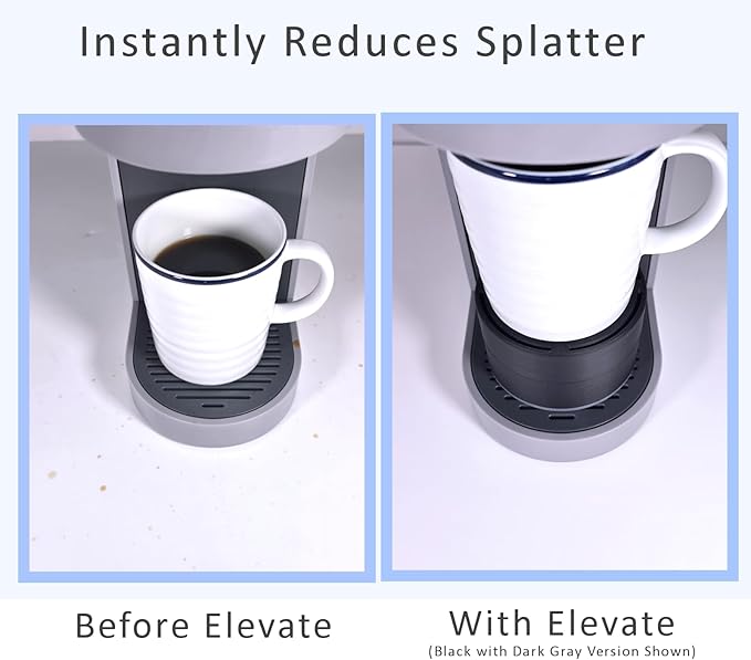 Elevate Anti-Splash Cup Riser Accessory for most Keurig K-cup, Cuisinart Single Serve, and other Coffee Makers, Adjustable for Cup Size and Drip Tray Type (Black with Black Base)