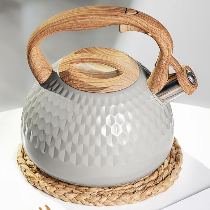 Tea Kettle, 2.7 Quart with Wood Pattern Handle Loud Whistle Food Grade Stainless Steel Teapot, Anti-Hot Handle and Anti-Rust, Suitable for All Heat Sources