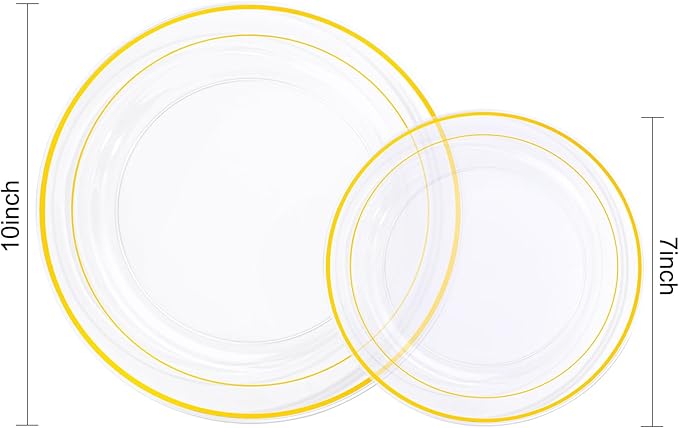 I00000 200 Pcs Clear Gold Plastic Plates - Disposable Party Plates, Gold Plate Disposable Include 100 Dinner Plate and 100 Dessert Plate, Plastic Plate for Party, Holiday, Wedding & Birthday