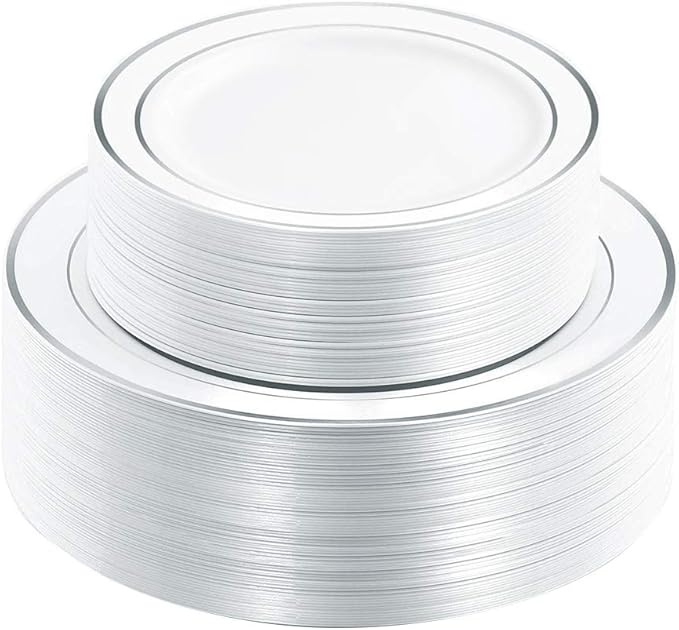 I00000 102pcs Silver Plastic Plates, Disposable Plastic Party Plates with White Silver Rim Fancy Wedding Party Plates Include 51 Dinner Plates 10.25" and 51 Dessert Appetizer Plates 7.5"