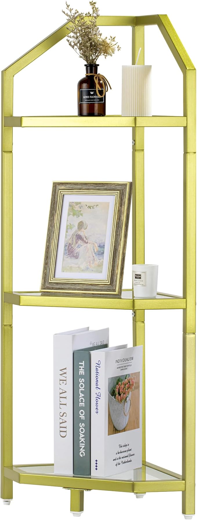 3-Tier Corner Shelf Stand, Gold Corner Bookshelf, Bathroom Storage Rack Shelf, Plant Rack, Tempered Glass, Steel Frame, Modern Style for Living Room, Bathroom, Kitchen, Metallic Gold