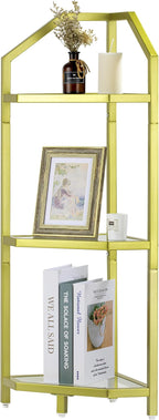 3-Tier Corner Shelf Stand, Gold Corner Bookshelf, Bathroom Storage Rack Shelf, Plant Rack, Tempered Glass, Steel Frame, Modern Style for Living Room, Bathroom, Kitchen, Metallic Gold