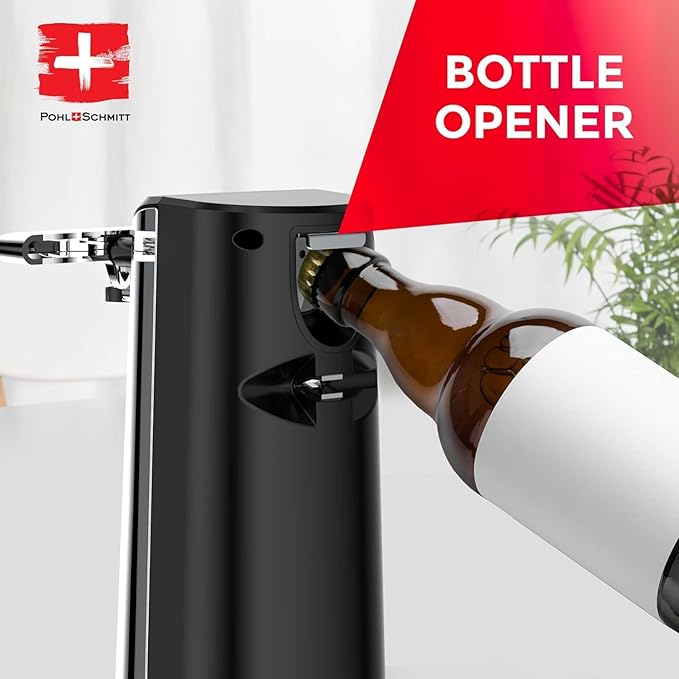 POHL SCHMITT Electric Can Opener, Knife Sharpener & Bottle Opener, Easy Push Down Lever, Works with Standard And Pop-Top Cans, Durable Stainless Steel & ABS - Kitchen Essentials and Accessories