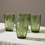 Vintage Green Drinking Glasses Set of 8, 12 oz Hand-Pressed Green Glass Tumblers, Deep Fern Embossed Antique Colored Glassware, Boho Style Textured Highball Cups, Retro Drinkware Gift Set for Home Bar