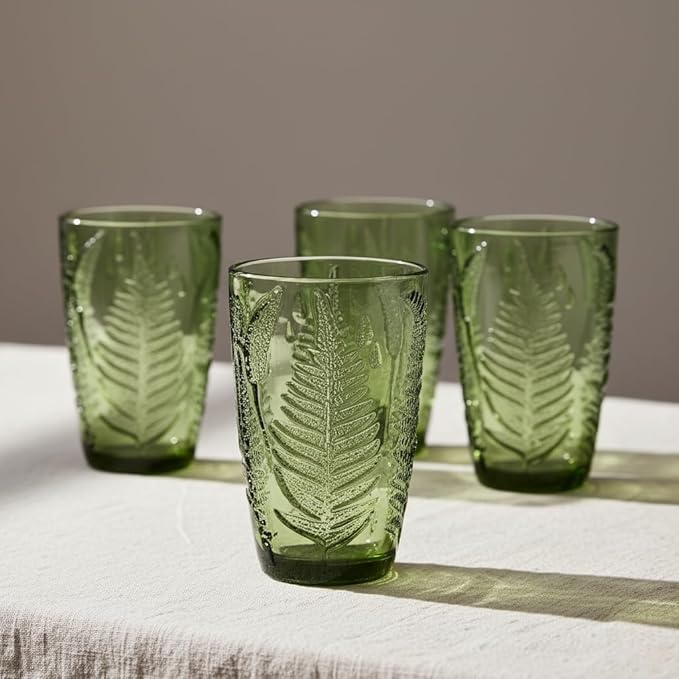 Vintage Green Drinking Glasses Set of 8, 12 oz Hand-Pressed Green Glass Tumblers, Deep Fern Embossed Antique Colored Glassware, Boho Style Textured Highball Cups, Retro Drinkware Gift Set for Home Bar