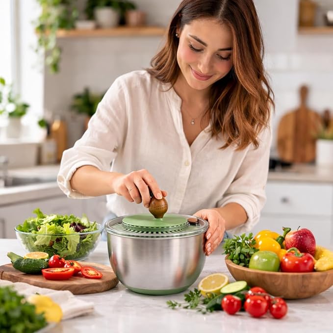 5.3QT Stainless Steel Salad Spinner - Large Salad Spinner with Non-Slip Base, Drain Hole and Stop Button- Dish Washer Safe Vegetable Spinner