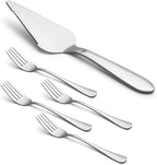 Eisinly 1 Pcs Cake Pie Server and 4 Forks Set for Wedding, Elegant Pizza Slicer Server Set with Stainless Steel Big Serrated Edges, Cake Cutter Pie Spatula for Birthday Anniversary, Silver