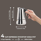 4 Cup 200ml Moka Pot Stainless Steel Espresso Coffee Maker Stovetop Coffeemaker Italian Classic Style Brewing Greca Cafe Mocha Machine for Cafeteras Lover Camping Travel and Home Use 6.6oz