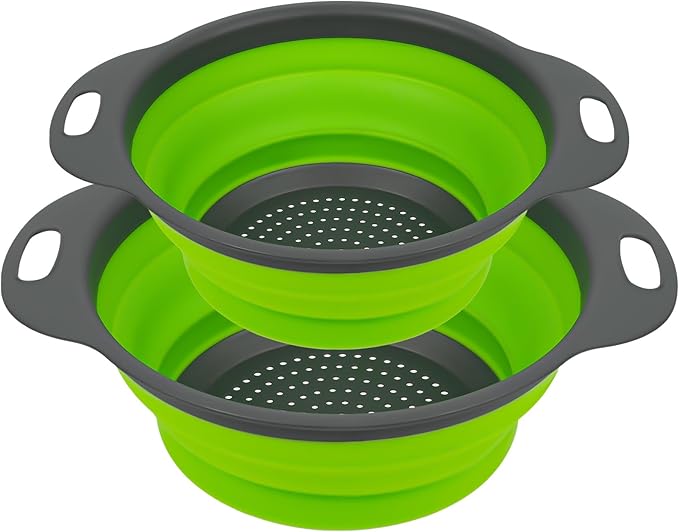 AUAUY 2 Pack Collapsible Colander Set, Round Silicone Folding Collapsible Strainers with Plastic Handles, Eco-Friendly Food Strainer for Kitchen Draining Pasta Vegetables Fruits-1 Large and 1 Small