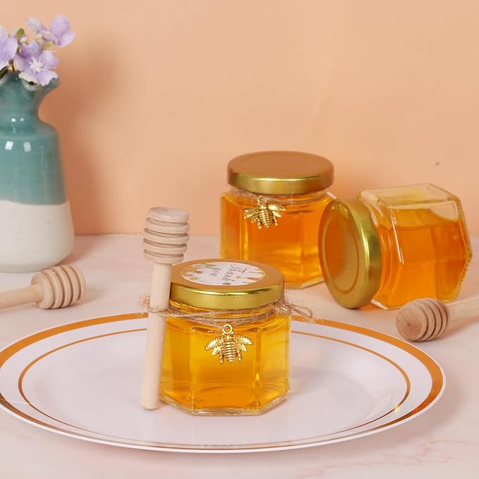 BIGIVACA 2 oz Hexagon Mini Glass Honey Jars with Wood Dippers,30 Pack Small Honey Jars with Gold Lids,Bee Pendants,Jutes,35 Bee Stickers,Perfect for Baby Shower,Wedding Favors,Party Favors