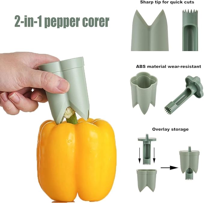 Pepper Corer Seed Remover, Pepper Seed Corer Remover Tool, Bell Pepper Cutter Deseeder, 2 in 1 Fruit & Vegetable Corer Tools, Unique Kitchen Gadgets for Family Party Camping and BBQ