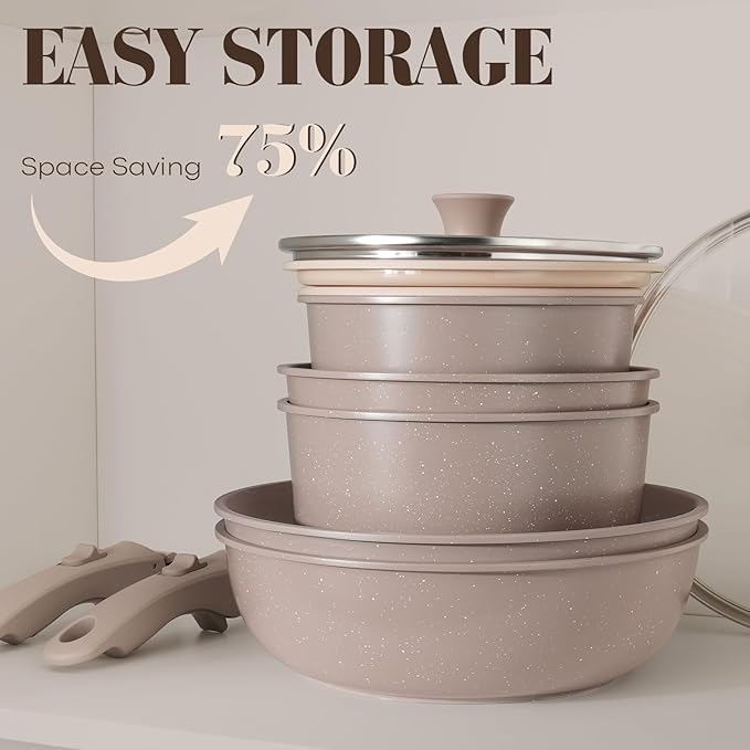 SODAY 15Pcs Pots and Pans Set Non Stick, Cookware Sets with Detachable Handle, Nonstick RV Kitchen Cooking Tools Removable Handles, Oven Safe, Induction Fast, Stackable Induction Cookware, Brown