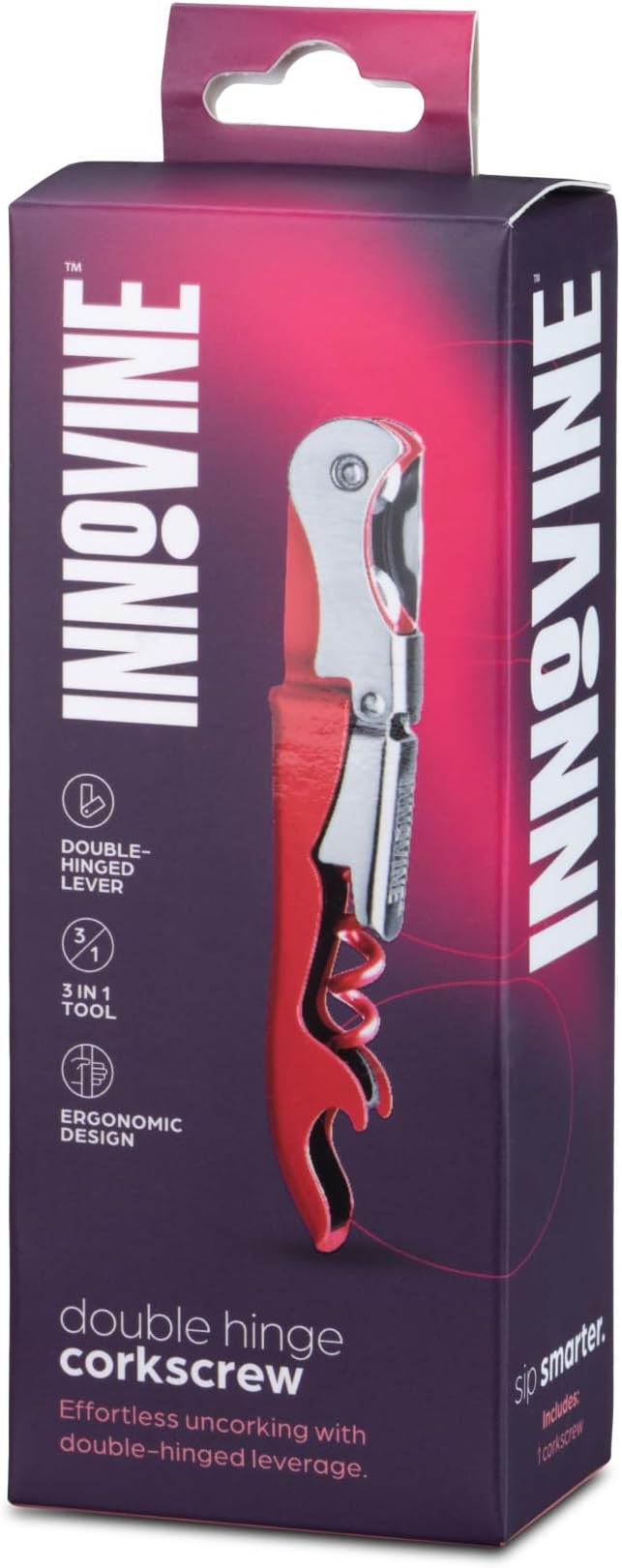 Innovine Double Hinge Corkscrew, Stainless Steel Wine Opener with Dual Leverage and Built-In Foil Cutter, Perfect for Home Bar, Travel, Camping, Picnic, Outdoor Party, Set of 1, Raspberry