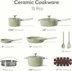CAROTE Pots and Pans Set Non stick, 15pcs Ceramic Cookware Set Nonstick Non Toxic Cookware,Dishwasher,RV/Camping Cookware Set,Green