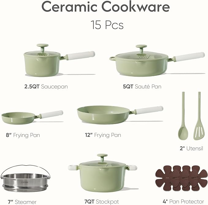 CAROTE Pots and Pans Set Non stick, 15pcs Ceramic Cookware Set Nonstick Non Toxic Cookware,Dishwasher,RV/Camping Cookware Set,Green