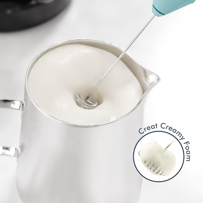 Powerful Milk Frother Handheld Foam Maker, Mini Whisk Drink Mixer for Coffee, Cappuccino, Latte, Matcha, Hot Chocolate, With Stand, Aqua