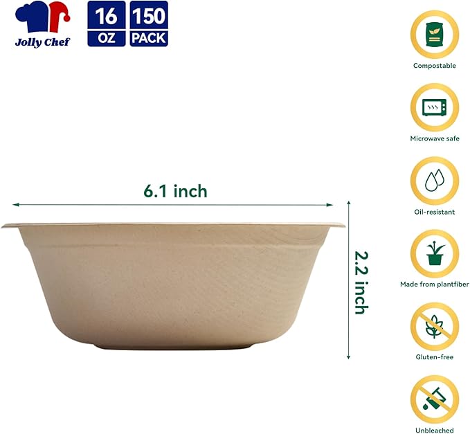 JOLLY CHEF Compostable Disposable Paper Bowl [16 oz] Heavy Duty Soup Containers [150 Pack] Biodegradable Bagasse Hot Cold Eco-Friendly Natural Sugarcane Microwavable Bowls for Dinner Christmas
