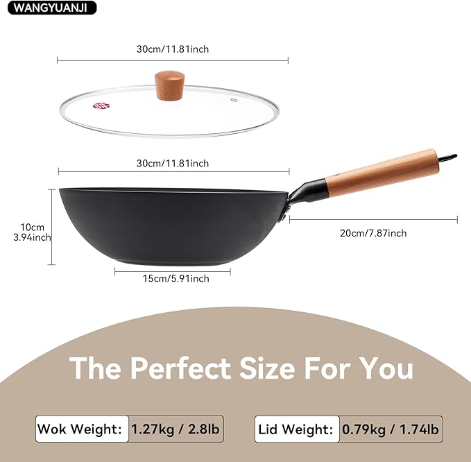 WANGYUANJI 11.8 Inch Iron Wok with Glass Lid, Flat Bottom Stir Fry Pan with Wooden Handle, Non-Coated Naturally Nonstick Skillet, Traditional Chinese Wok for Gas, Electric & Induction Cooking