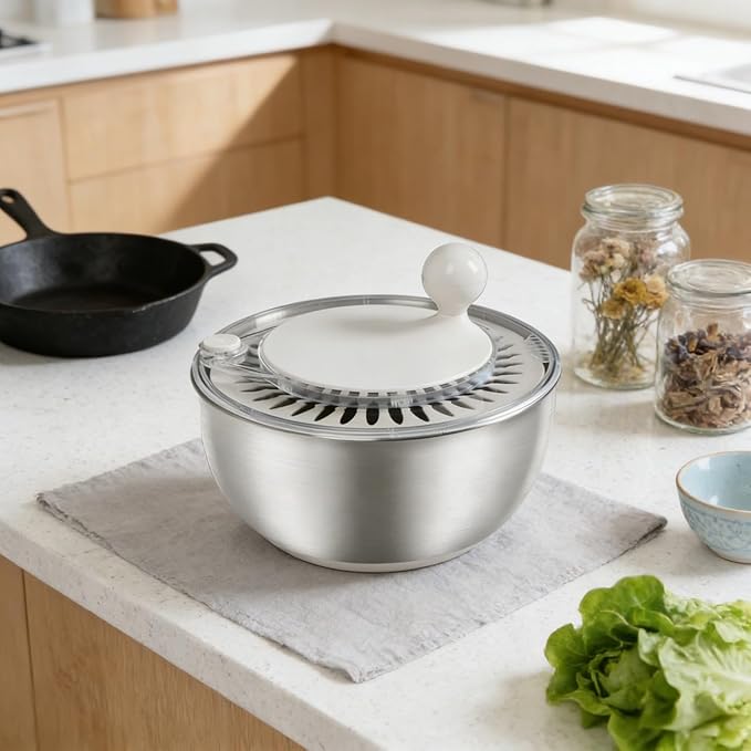 Stainless Steel Salad Spinner, 5L Capacity Vegetable Washer, Lettuce Dryer with Non-Slip Base and Stop Button, 9.65 Inch Diameter Salad Bowl Fruit Washer