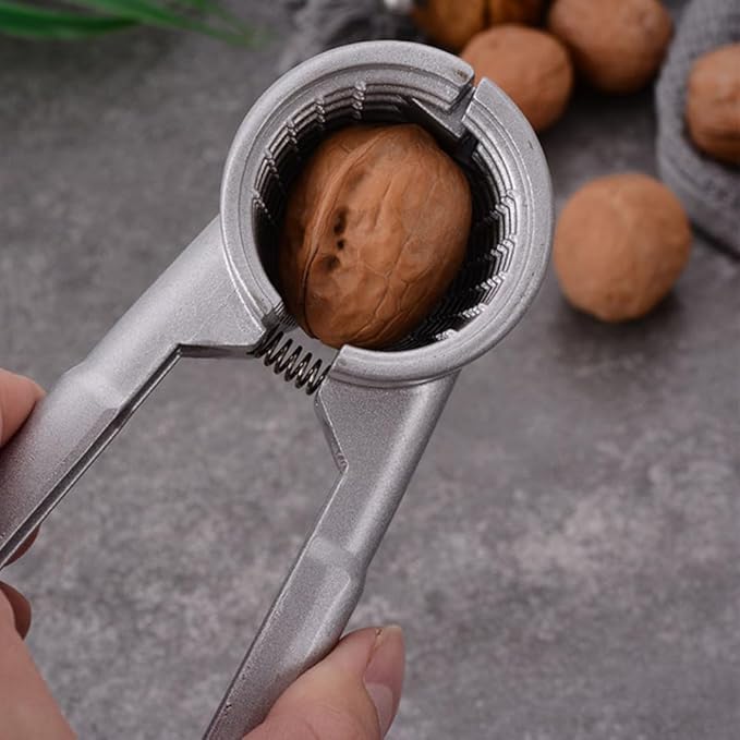 TIDTALEO Multi-functional Walnut Opener and Nutcracker Clip with Aluminum Funnel, Handheld Silver Nutcracker Tool for Walnuts and Pecans, Kitchen Specialty Gadget for Home Use