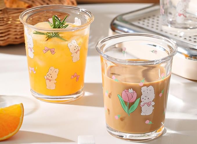 Set of 2 12 OZ French Drinking Glasses Floral Glass Coffee Cup Cute Tulip Rabbit Glass Cups for Iced Tea,Juice,Coffee,Latte,Milk,Dessert,Stackable Glassware Drinkware Set