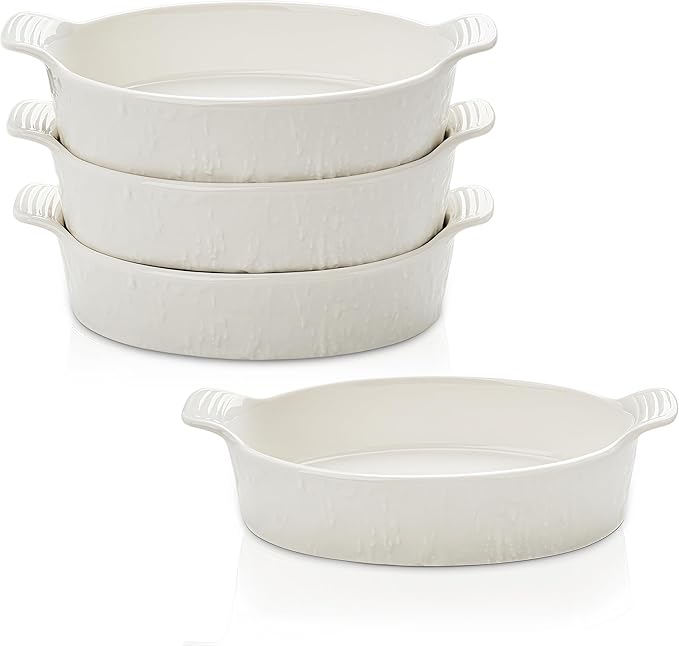 TONGDAHE Oval Au Gratin Baking Dishes Set of 4 9" x 5" 19 oz Classic white Ceramic Oven Safe & Heat Resistant With Handles for Small Mini Casseroles Cooking & Serving