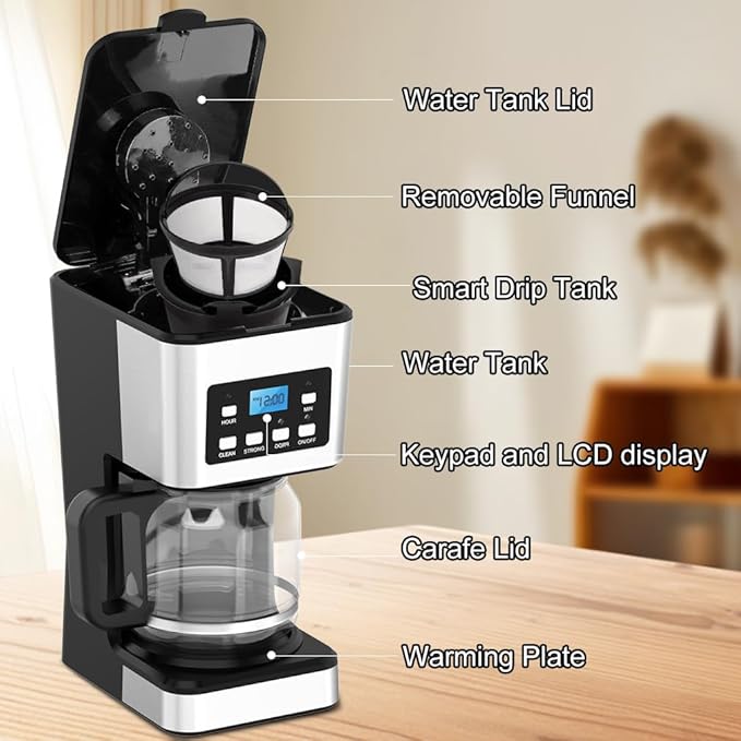 12-Cup Programmable Coffee Maker, Regular & Strong Brew Drip Coffee Machine for Home and Office, Glass Carafe, Pause & Serve, Auto Shut Off, Gray & Stainless Steel (Black)