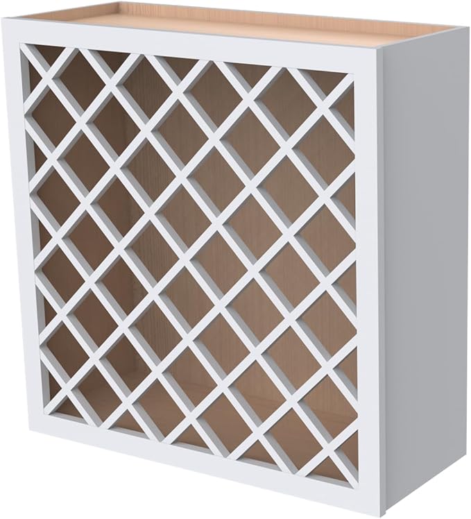 Solid Wood RTA Wine Bottle Rack Wall Cabinet with Lattice Panels - Bottle Holder Storage for Bar, Pantry, or Wine Cellar - Mocha Finish Countertop Solution (White, 24'W 12'D 30'H)