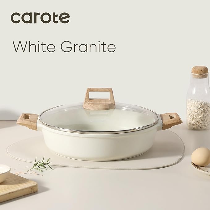 CAROTE Nonstick Stock Pot with Lid Soup Pot, 4 Quart with Lid, Casserole Super Easy to Clean Non Stick Cooking Pot Cookware PFOA Free, White Granite