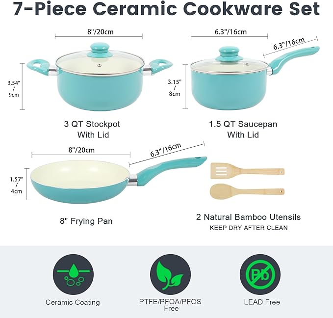 M MELENTA Pots and Pans Set, 7 Piece Nonstick Ceramic Cookware Set, Kitchen Induction Cookware Sets, Pots and Pans Non Stick with Stay Cool Handle, 100% PFOA Free, Turquoise