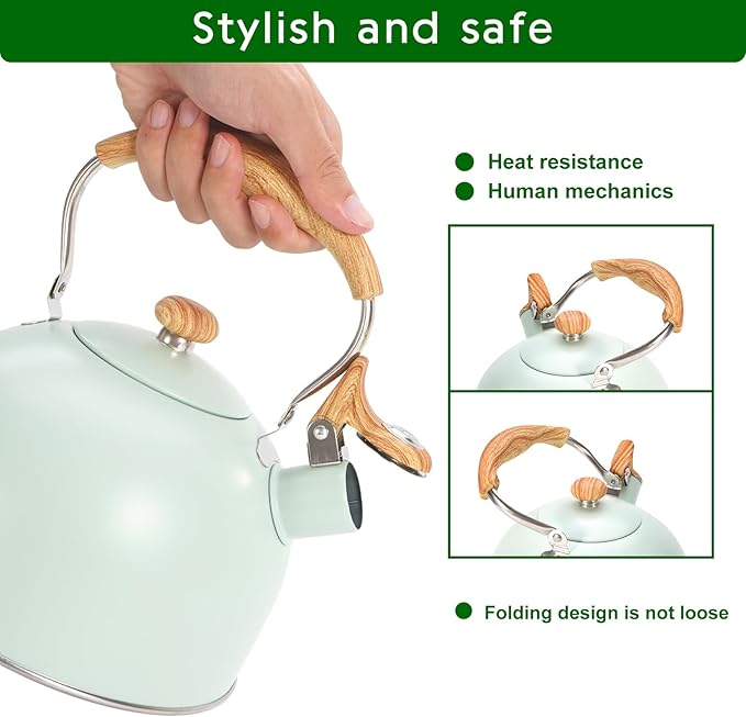 Tea Kettle Stovetop, 2.6 Quart cute teapot,loud whistle kettle, Food Grade Stainless Steel with Fold wood grain handle, Mint Green,With Anti Scald Towel