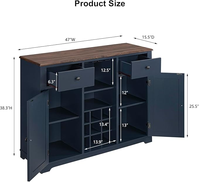 Rustic Wine Cabinet with Wine Rack and Lattice, Sideboard Buffet Cabinet with Drawers, Multifunctional Storage Cabinet for Kitchen, Dining Room, 47 Inch (Navy)