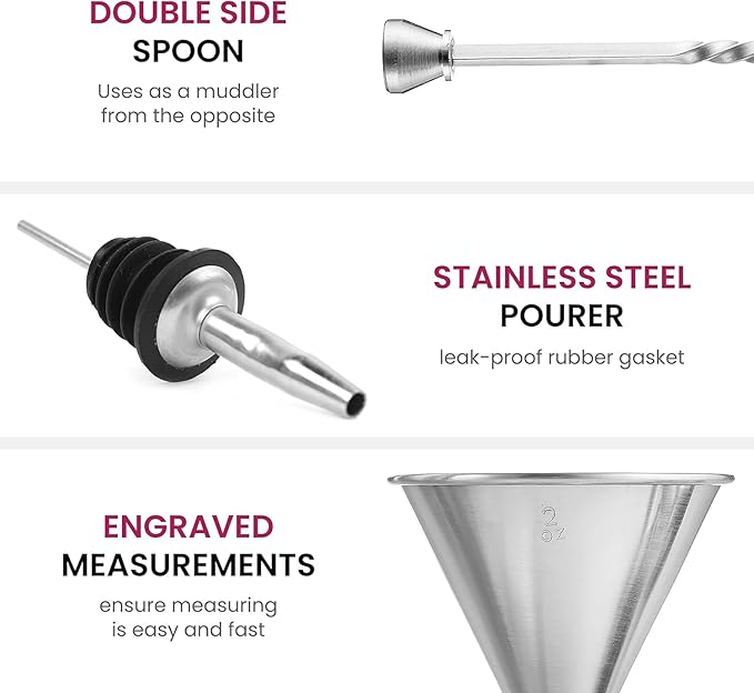 Cocktail Shaker Set 7-Piece, Bar Tools Stainless Steel Bartender Kit, with All Bar Accessories, Cocktail Strainer, Double Jigger, Bar Spoon, Bottle Opener, Pour Spouts