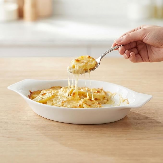 5 x 8 Inch Ceramic Oval Au Gratin Baking Dishes 12 OZ, Set of 4 Banana Split Bowls, for 1 or 2 Person Servings, Bakeware with Handle(10.3 IN) for Kitchen and Home, Oven & Microwave Safe