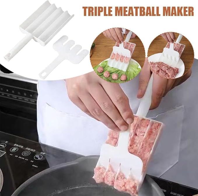 White Creative Kitchen Triple Meatball Maker, Meat Ball Scoop with Cutting Spade Ball Maker, None-Stick Meatball Maker Melon Ballers Fruit and Vegetable Tools Kitchen Utensils and Gadgets