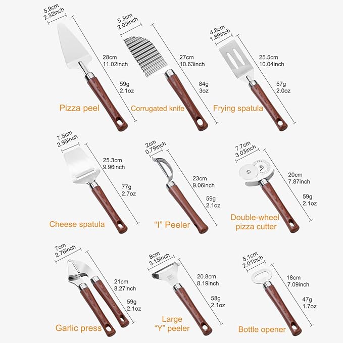 9-Piece Kitchen Tools and Gadgets Set with Wood Imitation Handle BRIIEC Stainless Steel Cooking Utensils Kitchen Accessories Includes Can Opener Garlic Press Peeler