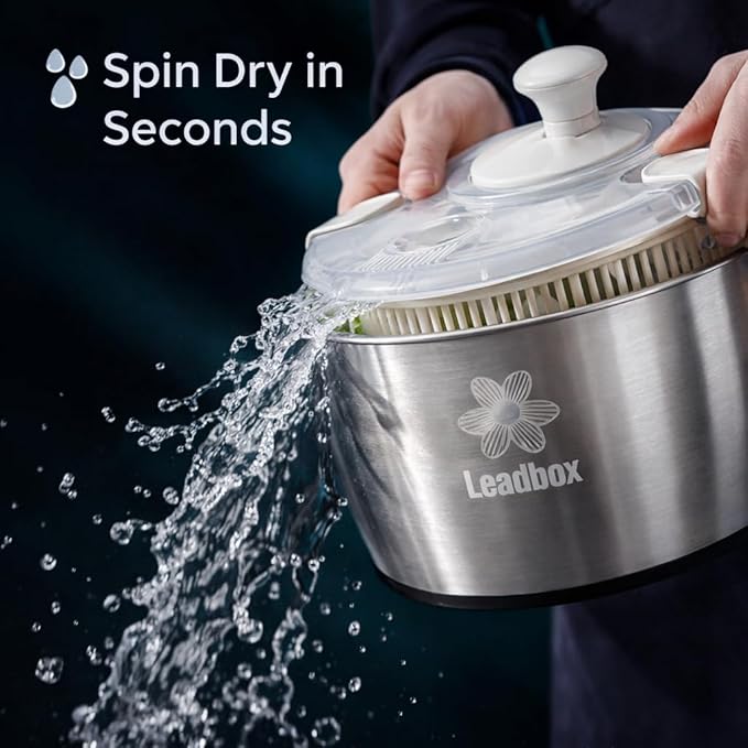 Stainless Steel Salad Spinner, 6L Heavy-Duty Lettuce Dryer with Smooth Spin Handle, Large Vegetable Washer & Fruit Rinse Bowl, Non-Slip Base