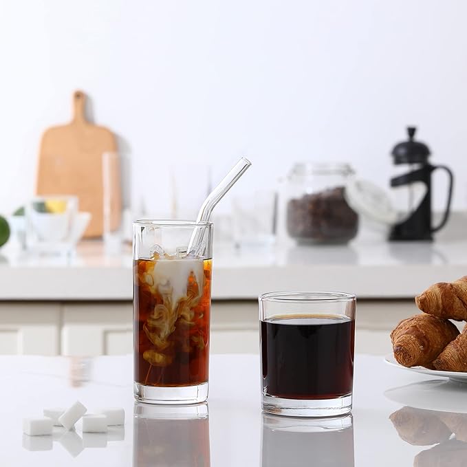[ 12 Pack ] Glass Cups with Glass Straws, 12oz Highball & Rock Drinking Glasses, Everyday Drinkware Glasses Set, Cute Tumbler Cup, Kitchen Glasses for Iced Coffee, Water, Beer, Cocktail, Whiskey Gift.