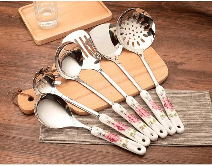 Ceramic Handles Cooking Tool Set Stainless Steel Kitchen Utensils Of Cookers Shovels Spoons(Black)