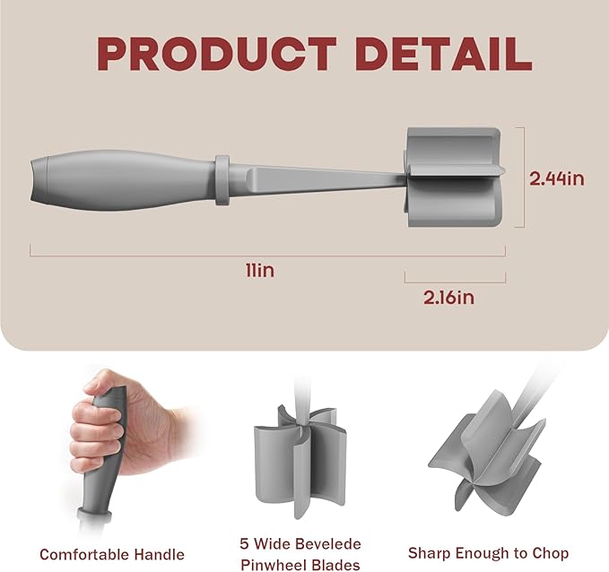 Meat Chopper, Hamburger Grinder, Premium Heat Resistant Smasher for Ground Beef, Burger Grinder Nylon Potato Mix Tool-Grey