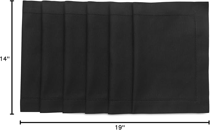 Solino Home Black Placemats Set of 6 - Cotton Linen Hemstitch Placemats 14 x 19 Inch for Winter, Holiday, New Year