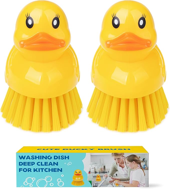 GTOTd Cute Ducky Washing Dish Brush（2 Pack）Ergonomic Palm Scrubber with Handle for Potato Vegetable Fruit Kitchen Gadgets White Elephant Gifts Accessories Stuff Household Cleaning Dishwashing Supplies