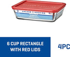 Anchor Hocking SnugFitTM Rectangular Food Storage Containers with Lids (4-Piece, 6-cup, Red, oven-safe)