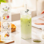 6 Sets Glass Cups with Lids & Straws, Square Ribbed Drinking Glasses with Lids, Clear Highball Tumblers for Cocktail, Coffee, Juice, Beer, Modern Mixed Drinkware Jars