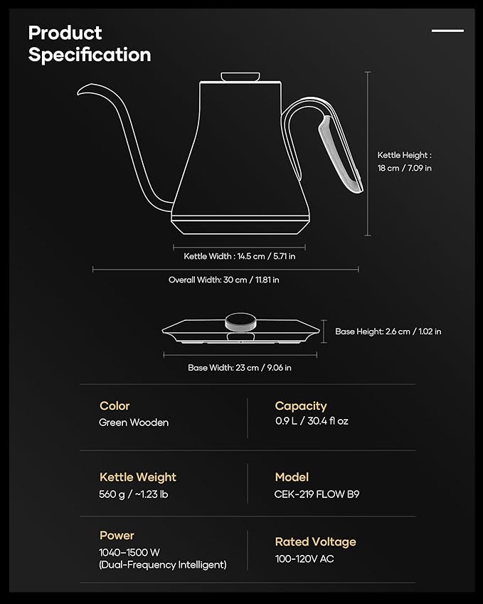 Cocinare Barista Collection Gooseneck Electric Kettle, ±1℉ Precise Temperature Control for Pour-Over Coffee & Tea, Quick Heating 1500W, Stainless Steel Interior, 0.9L (Delacroix Green)