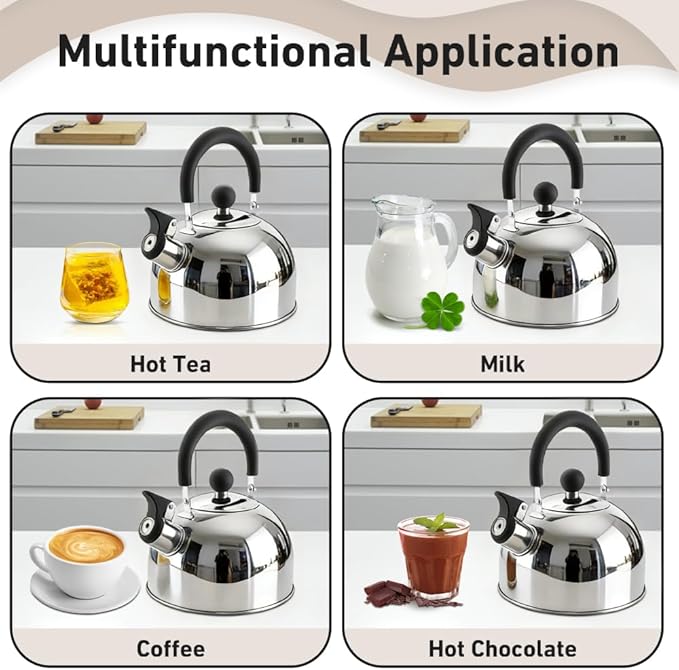 Lily's Home 2 Quart Whistling Tea Kettle, Stainless Steel Stovetop Kettle for Gas & Induction Tops, Classic Whistle Spout, Cool-Touch Handle for Safe Pouring - Perfect for Home, Kitchen, Dorm