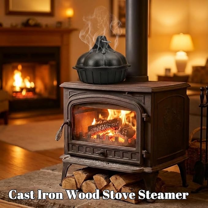 Wood Stove Steamer & Woodstove Steamer Stove Humidifier Cast Iron,2.4 Qt Round Fireplace Humidifier & Simmer Pots with Heart-shaped Vent At The Top Covers (Round-2)