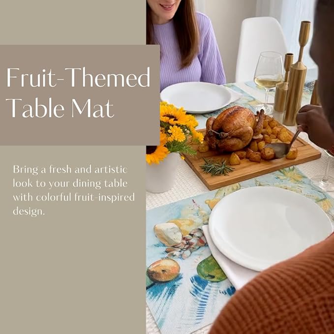 Art-Inspired Washable PVC Placemats Set of 6, Heat-Resistant Non-Slip Table Mats for Kitchen Dining Table Decor (Grapes, Lemons, Pears, and Apples)