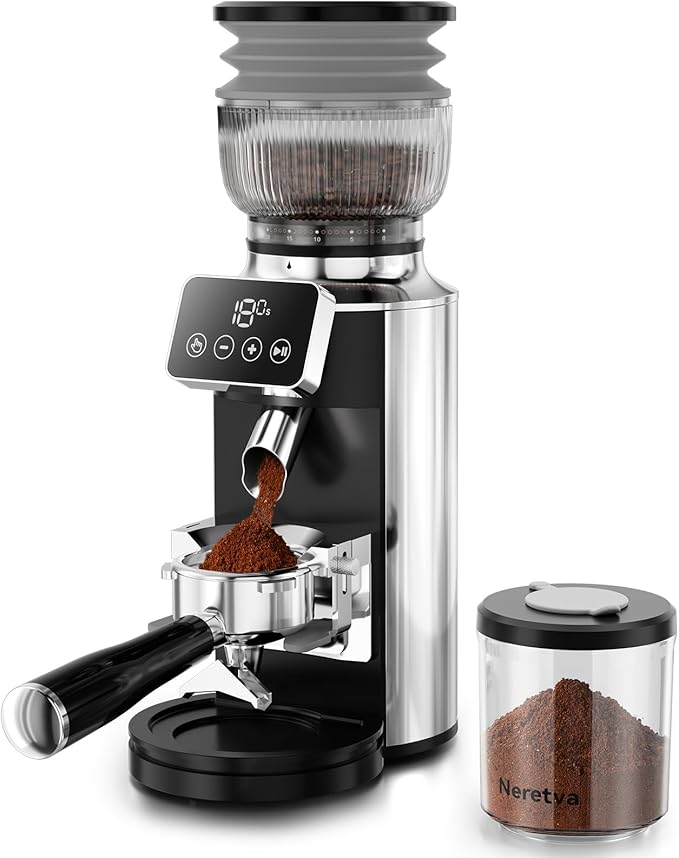 Neretva Espresso Grinder, 2 in 1 Professional Coffee Bean Grinder Stainless Steel Suit 51~58mm Portafilter Burr Coffee Grinder 30 Precise Setting&Anti-Static for Espresso/French Press/Drip/Moka-Silver